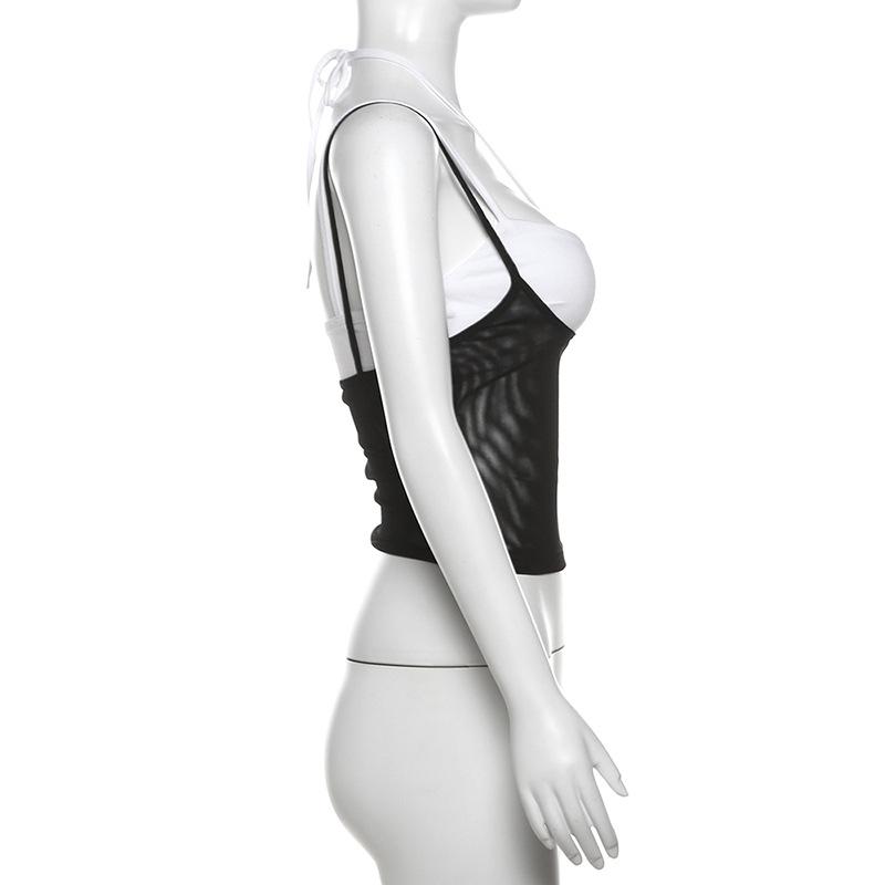 Halter hollow out mesh contrast 2 piece cami top