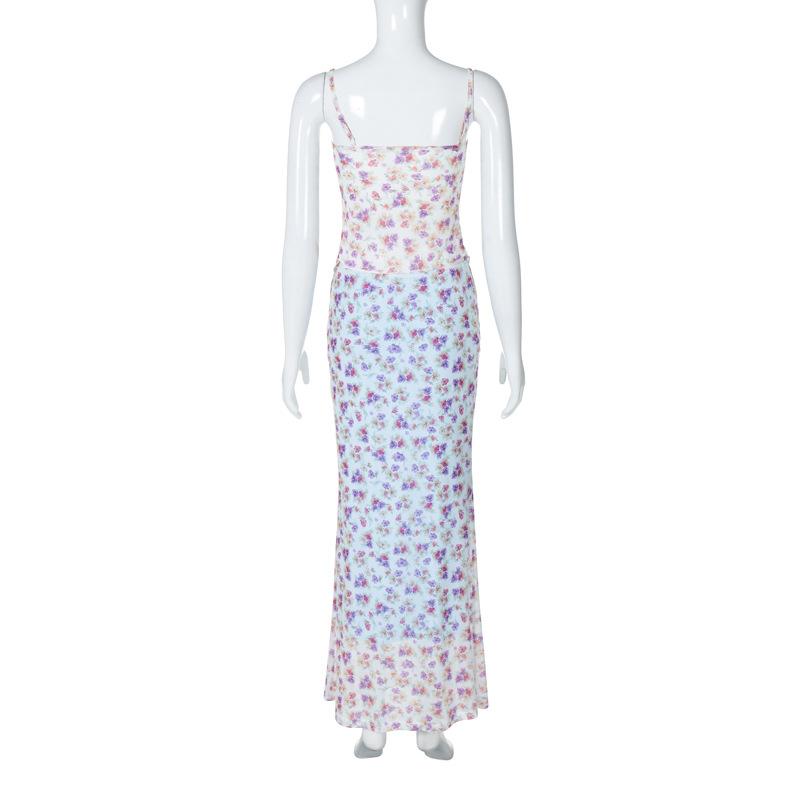 Print ruched high slit sweetheart neck mesh cami maxi skirt set
