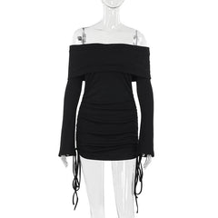 Long flared sleeve off shoulder drawstring mini dress
