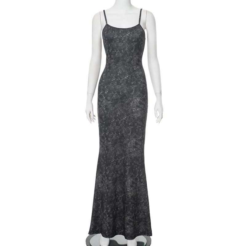 U neck print backless cami maxi dress