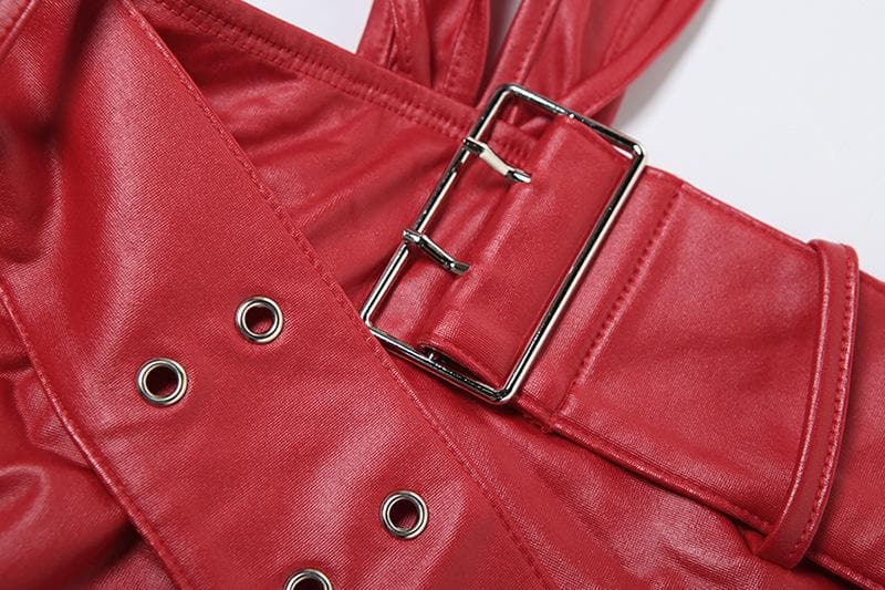 Halter buckle deep PU leather v neck backless mini dress  | red tango dress
