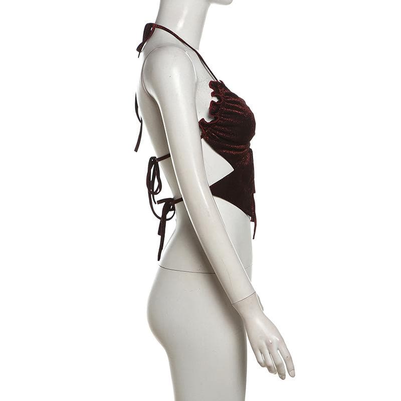 Halter ruched drawstring glitter cami top