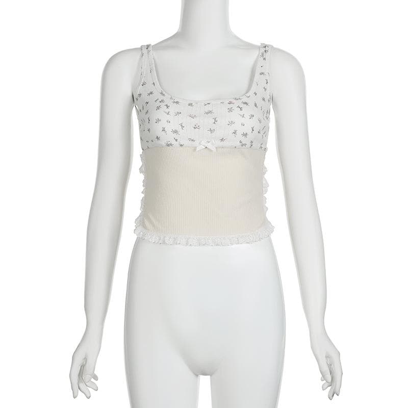 Flower print lace hem contrast sleeveless square neck top