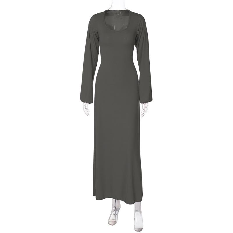 Long sleeve u neck ribbed solid maxi dress  | red tango dress