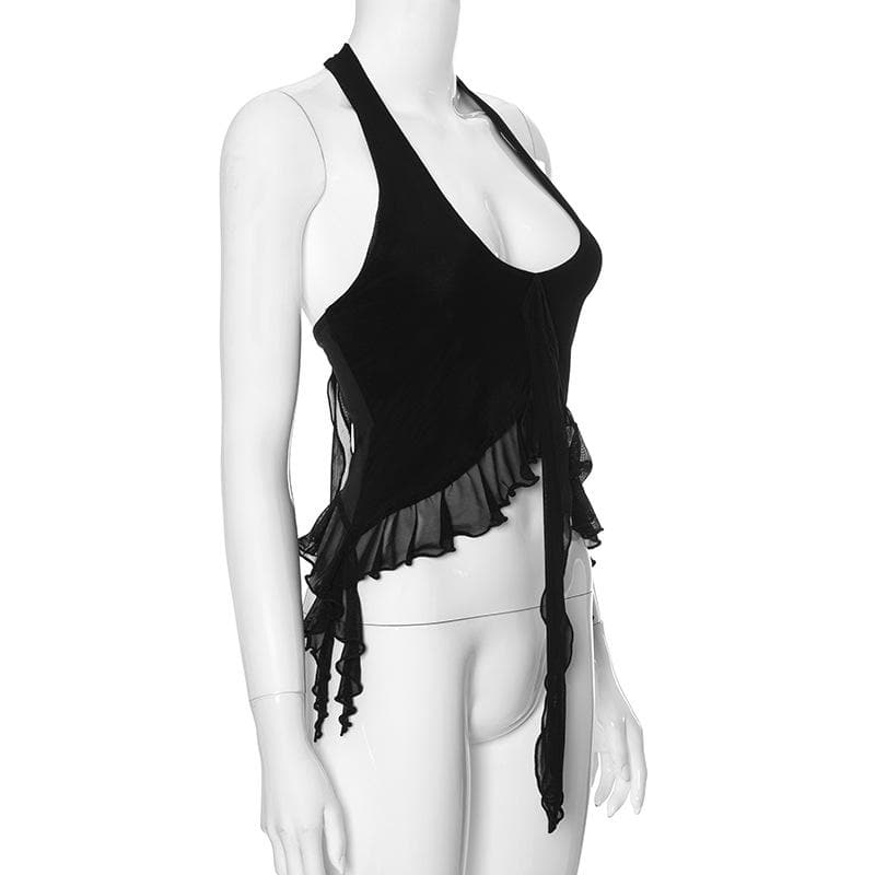 Halter ruffle u neck backless solid top