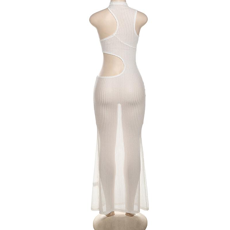 Hollow out see through one shoulder crewneck maxi dress