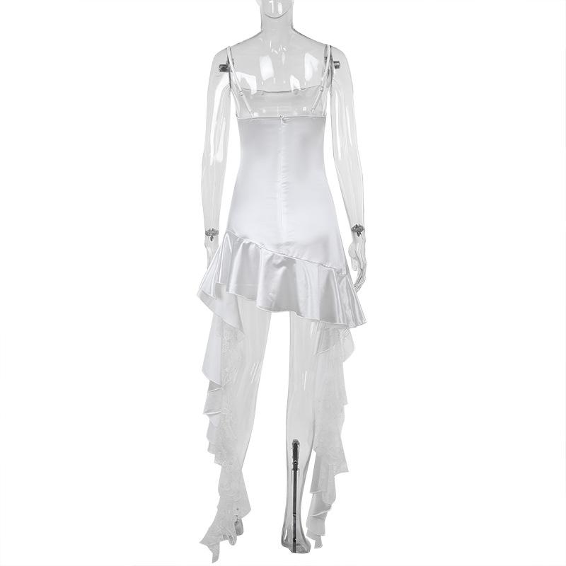 Satin lace hem patchwork ruffle cami mini dress