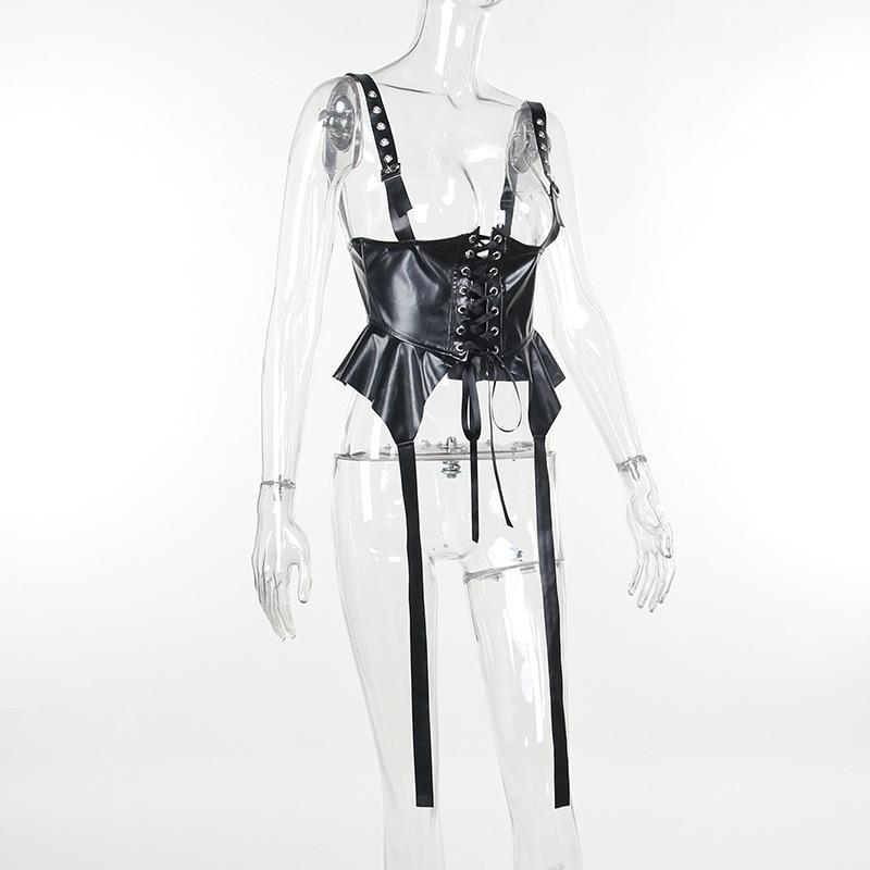 Pu leather lace up ruffle buckle cami top
