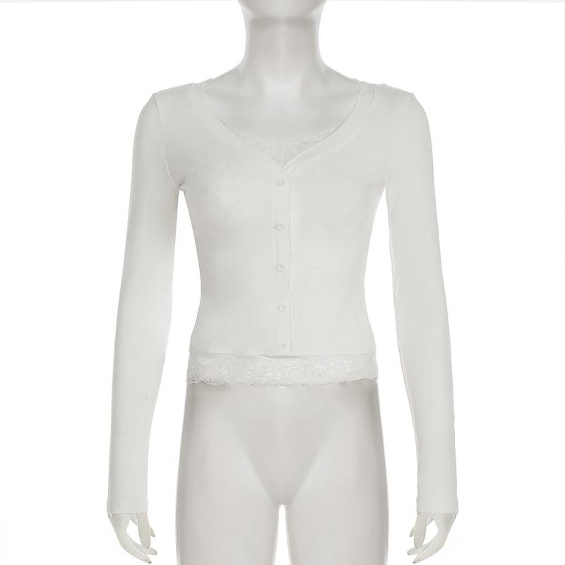 Long sleeve v neck lace hem button top