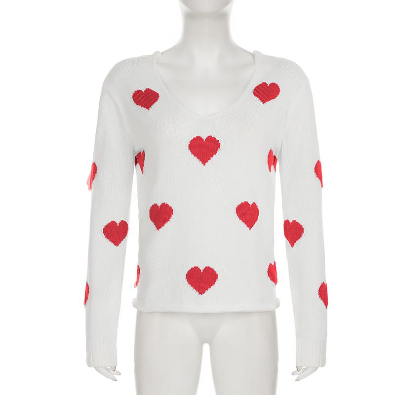 Long sleeve v neck sweetheart pattern knitted top