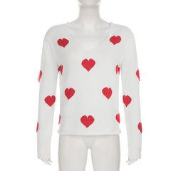 Long sleeve v neck sweetheart pattern knitted top