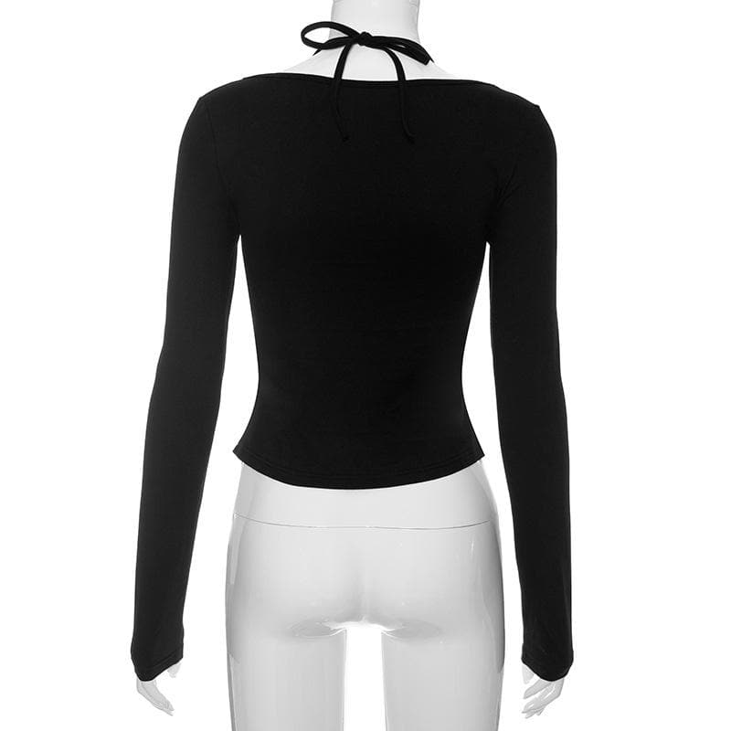 Bowknot long sleeve halter solid patchwork top