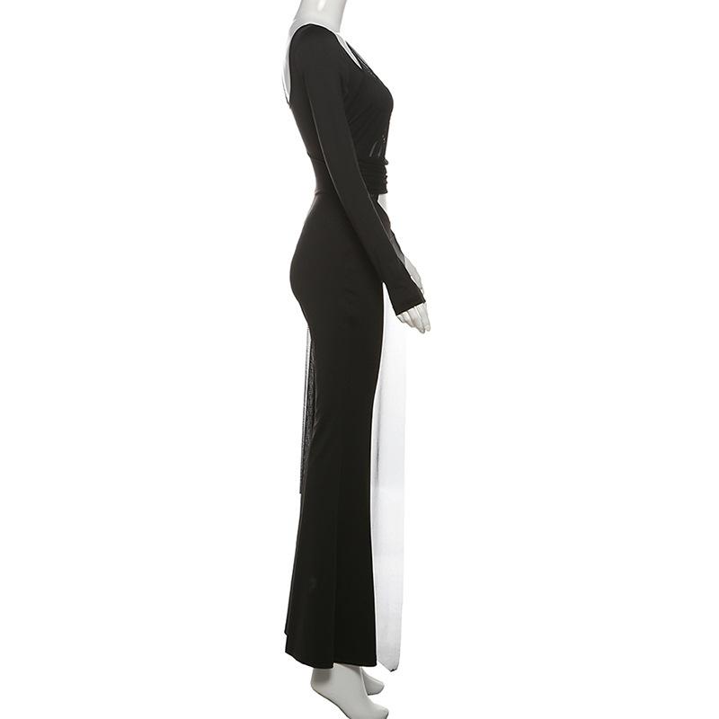 Long sleeve mesh patchwork hollow out jumpsuit