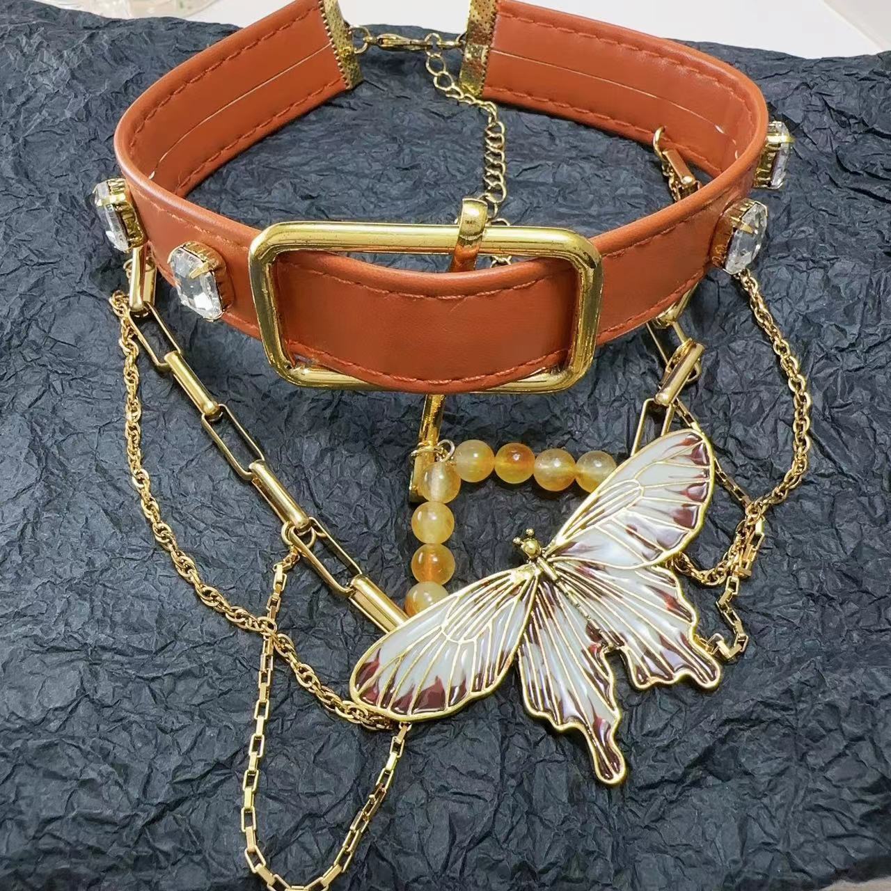 PU leather beaded adjustable layered choker necklace