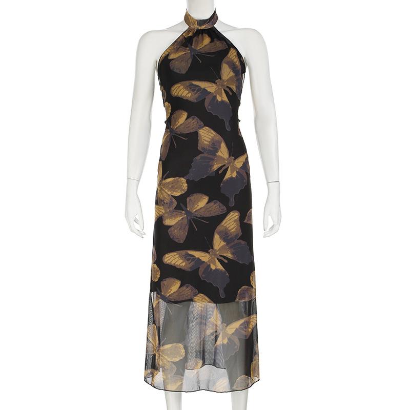 Halter butterfly print backless mesh maxi dress