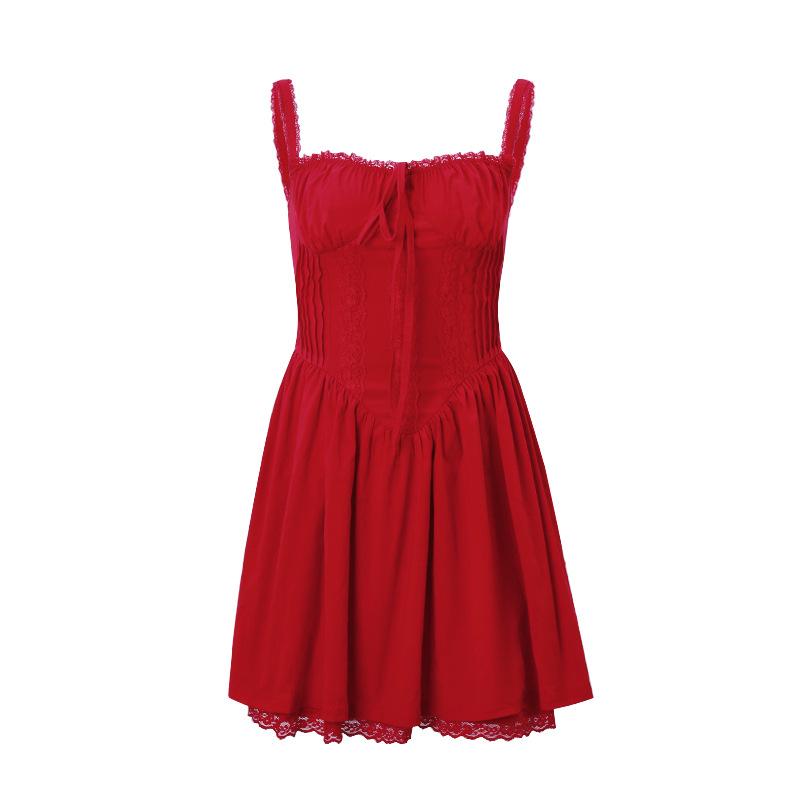 Lace hem drawstring ruched lace up cami mini dress  | red tango dress