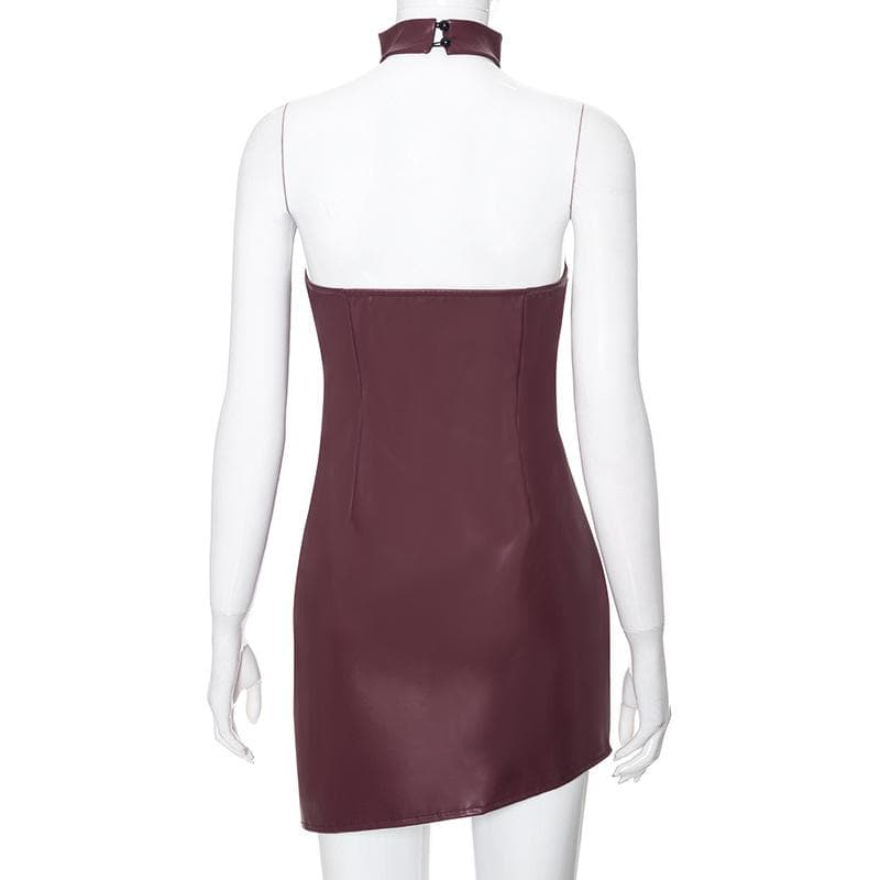 PU leather halter ruched button mini dress