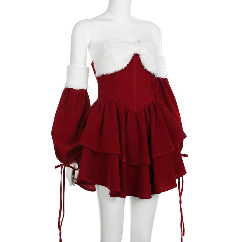 Fluffy sweetheart neck gloves fluffy self tie mini dress