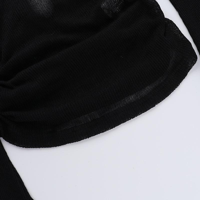 Off shoulder long sleeve ruffle cross pattern buckle top
