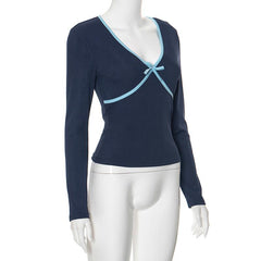Long sleeve v neck bowknot stitch top
