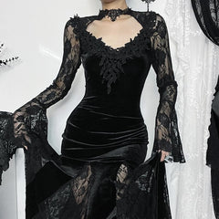 Long flared sleeve crewneck lace embroidery ruffle maxi dress  | red tango dress