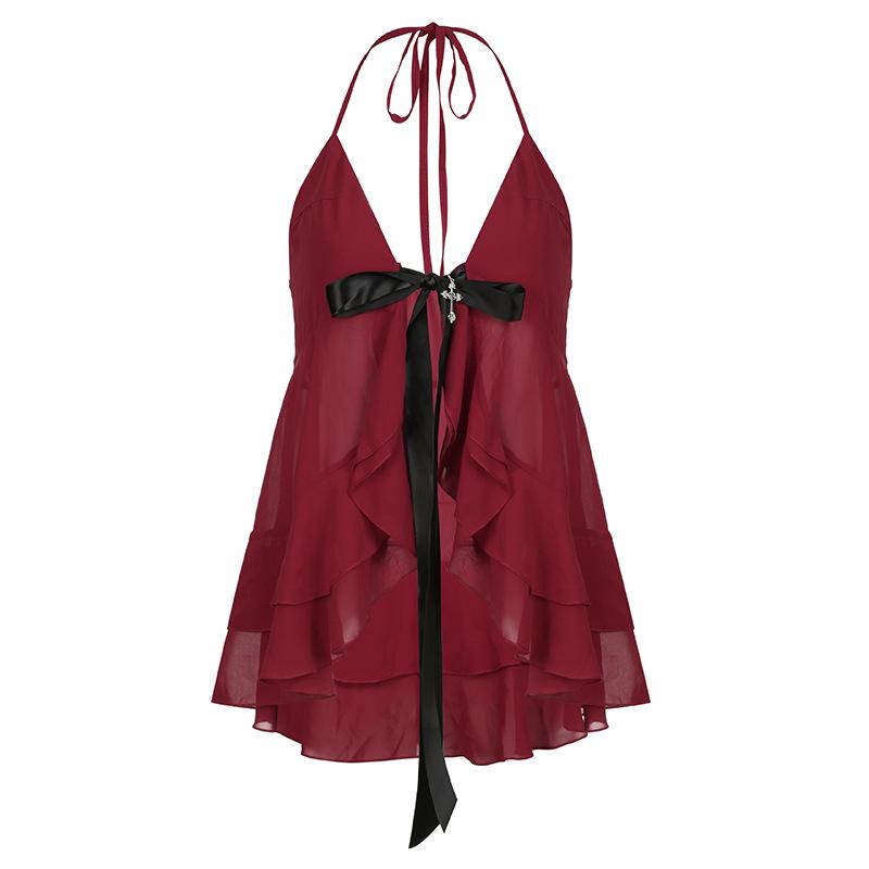 Halter cross applique bowknot mesh ruffle top