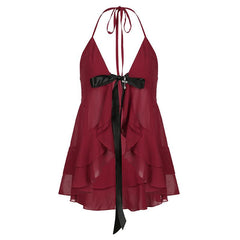 Halter cross applique bowknot mesh ruffle top