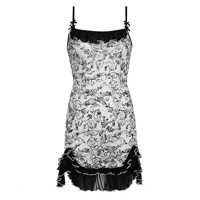Mesh ruched ruffle bowknot print cami mini dress
