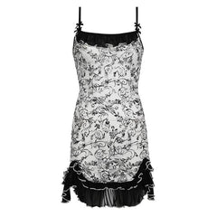 Mesh ruched ruffle bowknot print cami mini dress