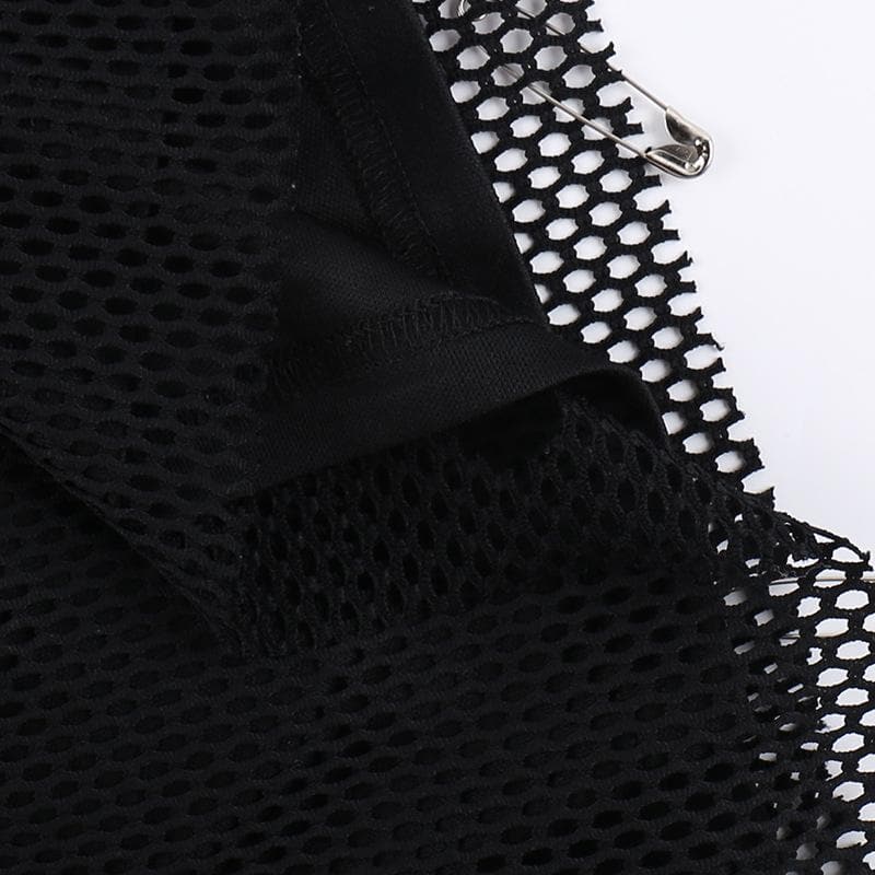 Halter ruffle see through pin applique fishnet mini dress