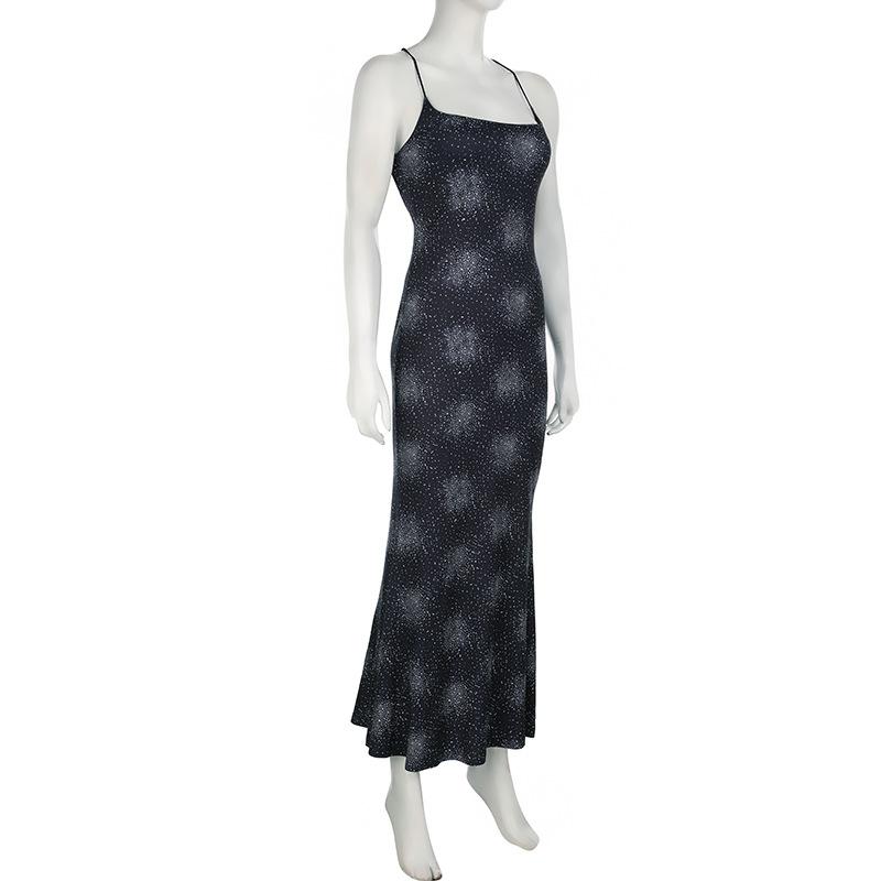 Print cross back backless cami maxi dress  | black rave dress