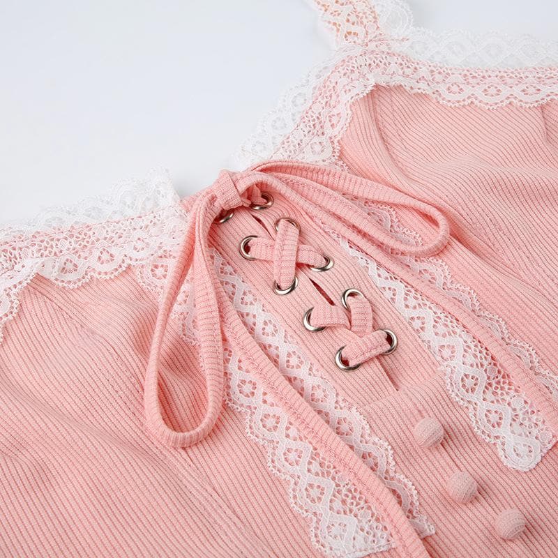 Lace up lace hem ribbed button stitch cami top