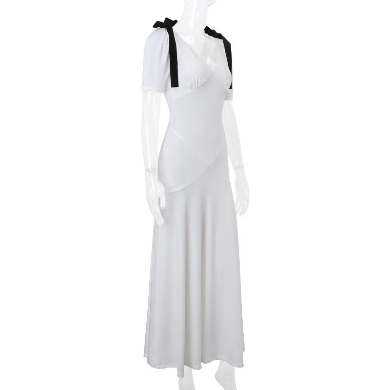 Short puff sleeve bowknot v neck maxi dress
