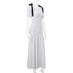 Short puff sleeve bowknot v neck maxi dress