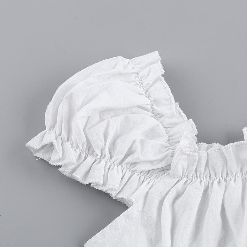 Short puff sleeve ruched ruffle bowknot crop top