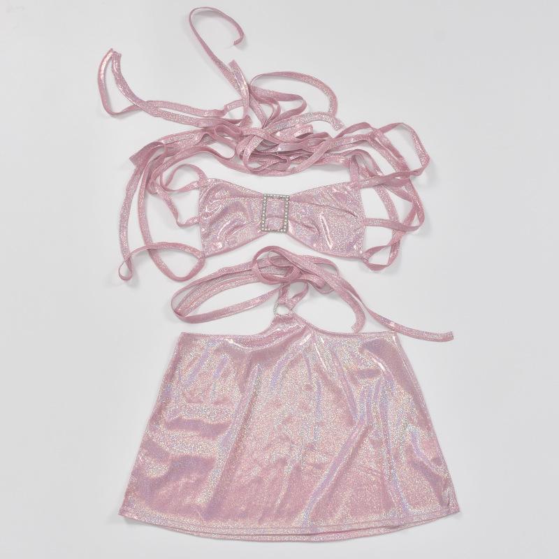 Halter o ring glitter metallic butterfly applique mini dress