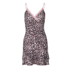 Leopard print v neck lace hem cami mini dress
