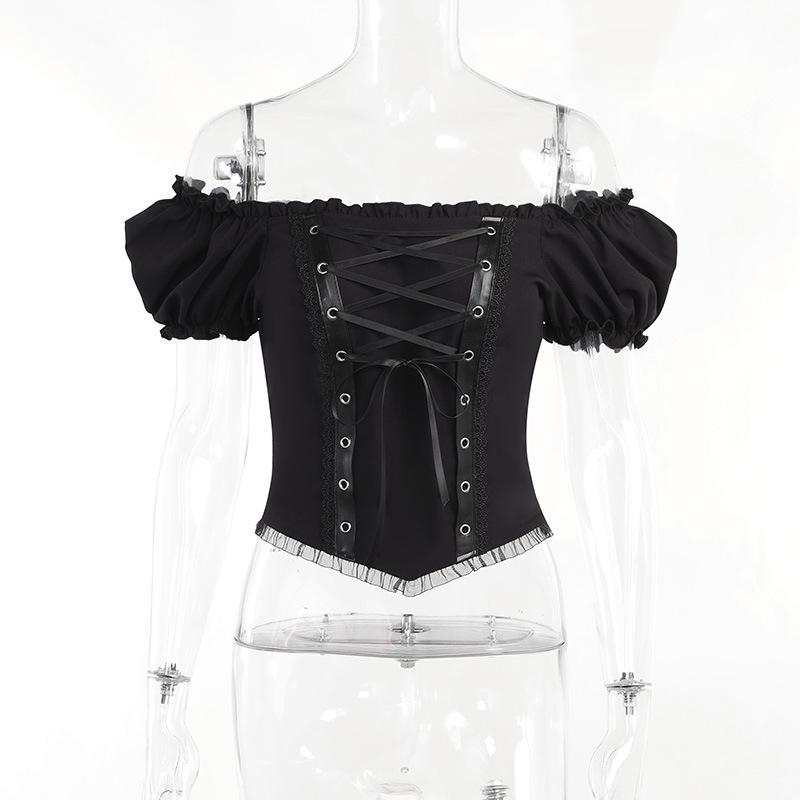 Short puff sleeve lace up self tie top