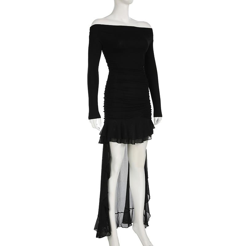 Off shoulder long sleeve ruffle ruched mesh maxi dress