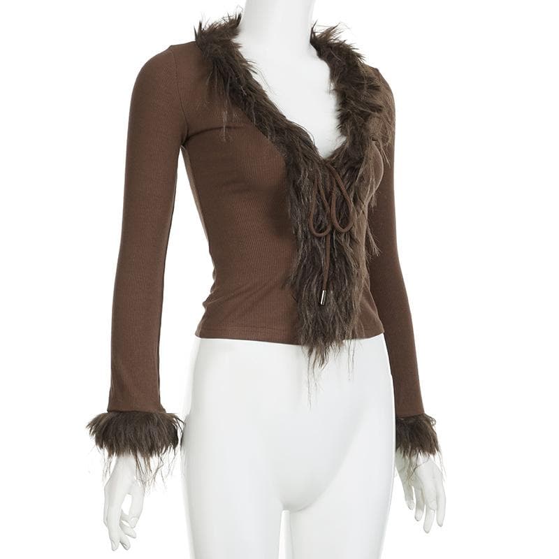 Long sleeve v neck furry ribbed self tie solid top