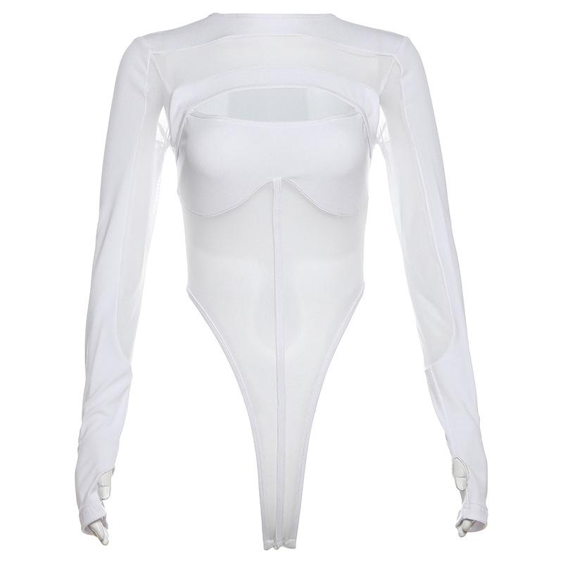 Hollow out long sleeve gloves button mesh bodysuit