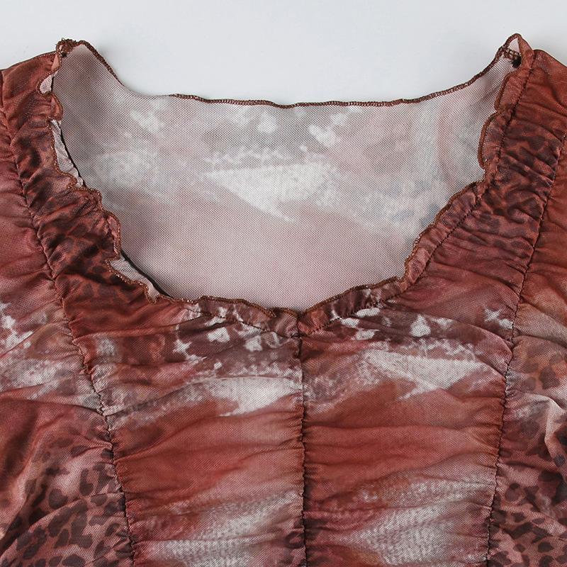 Cap sleeve ruffle sheer mesh print ruched top
