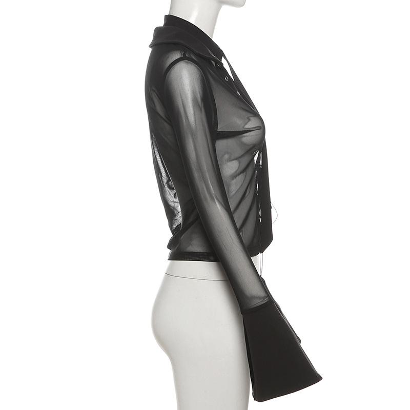 Turnover collar long sleeve mesh self tie top