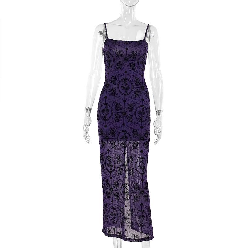 Mesh print slit cami maxi dress