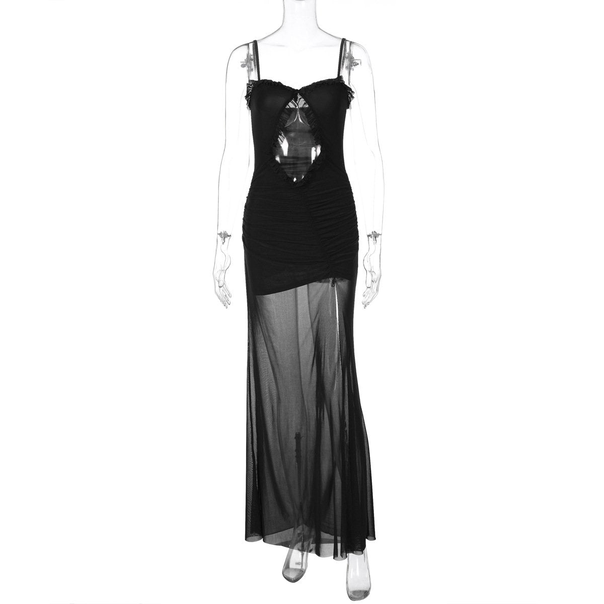 Hollow out mesh ruffle ruched cami maxi dress