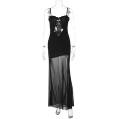 Hollow out mesh ruffle ruched cami maxi dress
