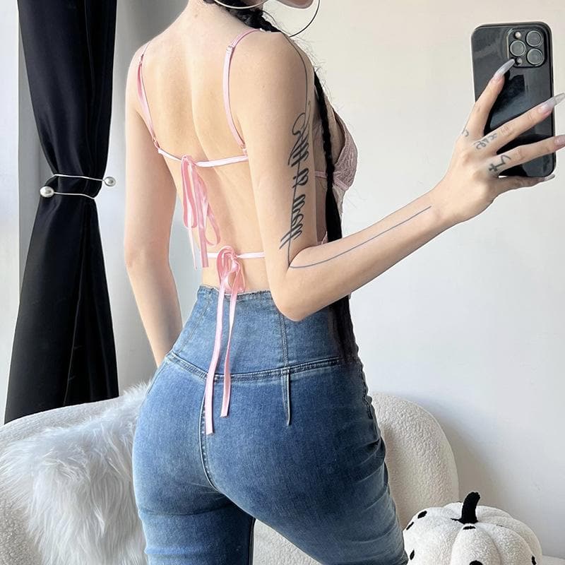 Lace bowknot contrast v neck backless self tie cami crop top
