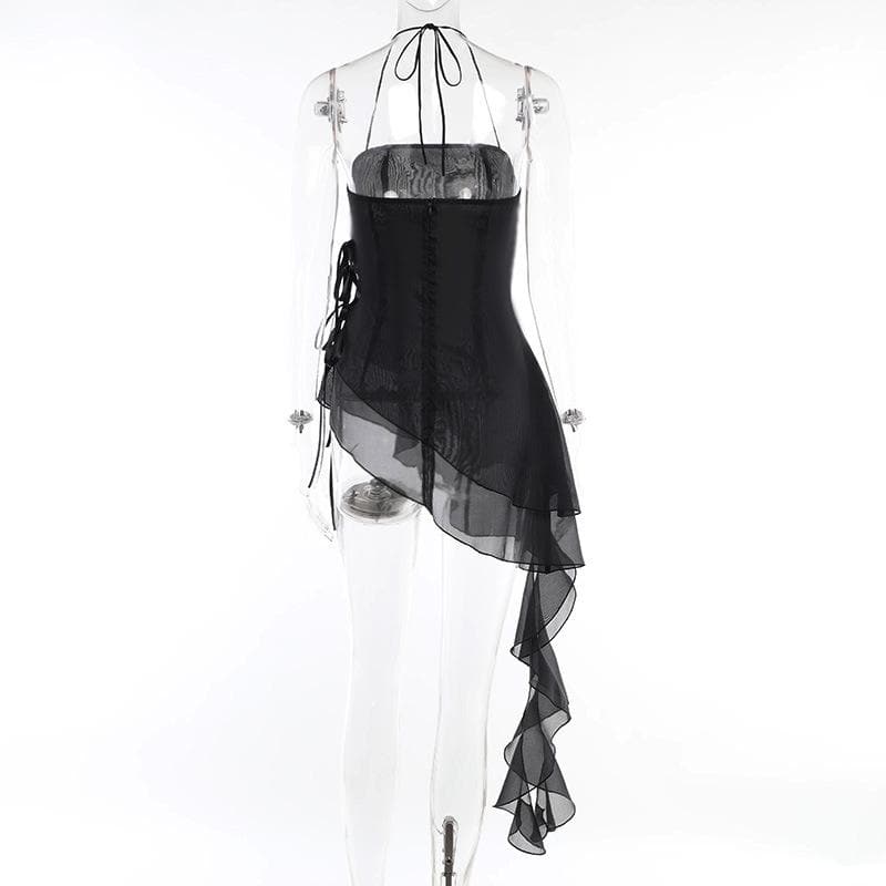 Halter ruffle irregular ribbon sheer mesh mini dress  | samba dress