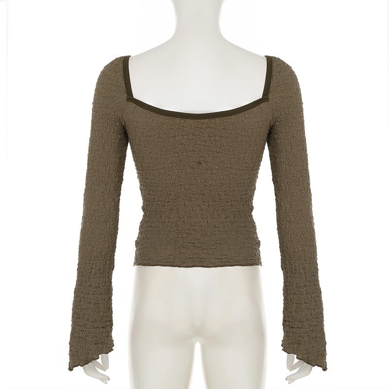 Long sleeve textured bowknot lace hem top