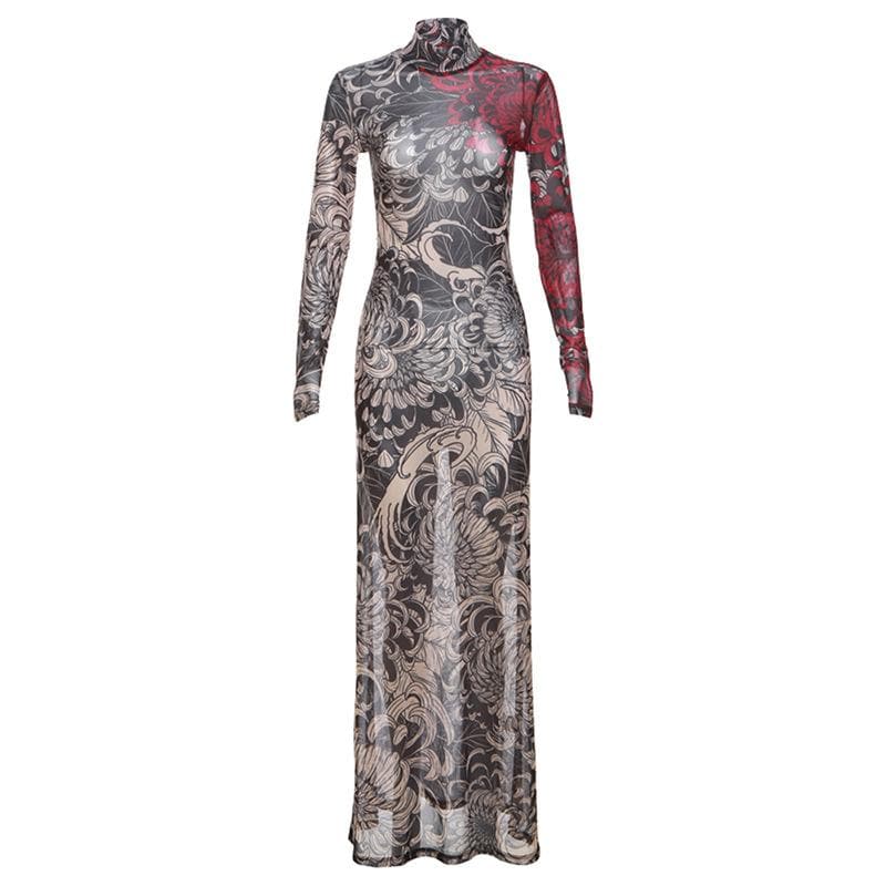 Long sleeve high neck print sheer mesh maxi dress  | samba dress